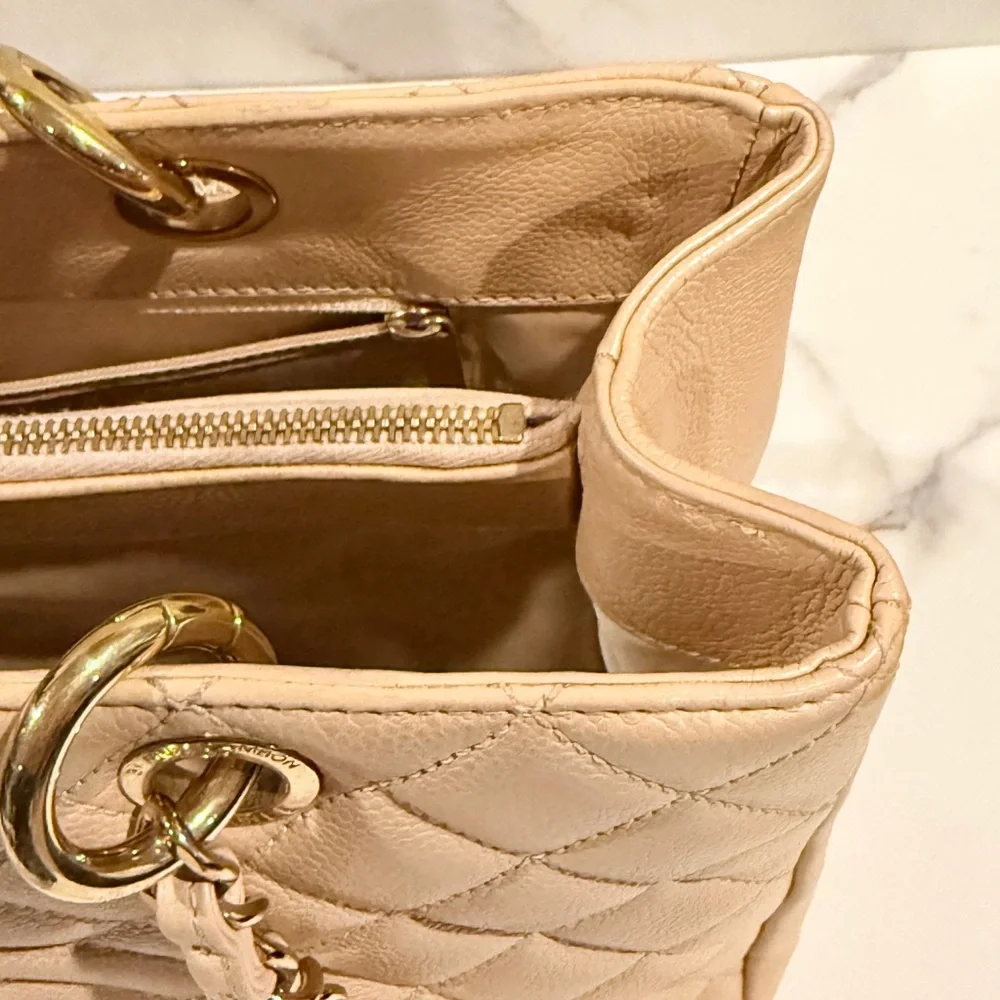 Authentic CHANEL Quilted Caviar GST large Tote in Beige with Gold Hardwar
